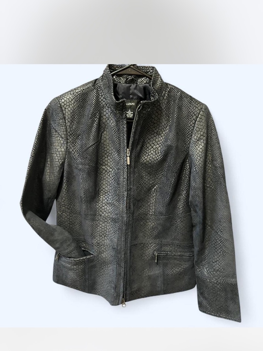 Alfani Metallic Snake-Embossed Leather Jacket - Gunmetal Blue/Silver